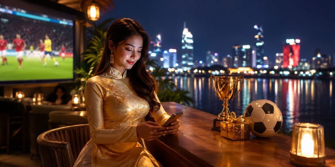 Người dùng tại Hà Nội mặc áo dài theo dõi kèo bóng đá trên điện thoại